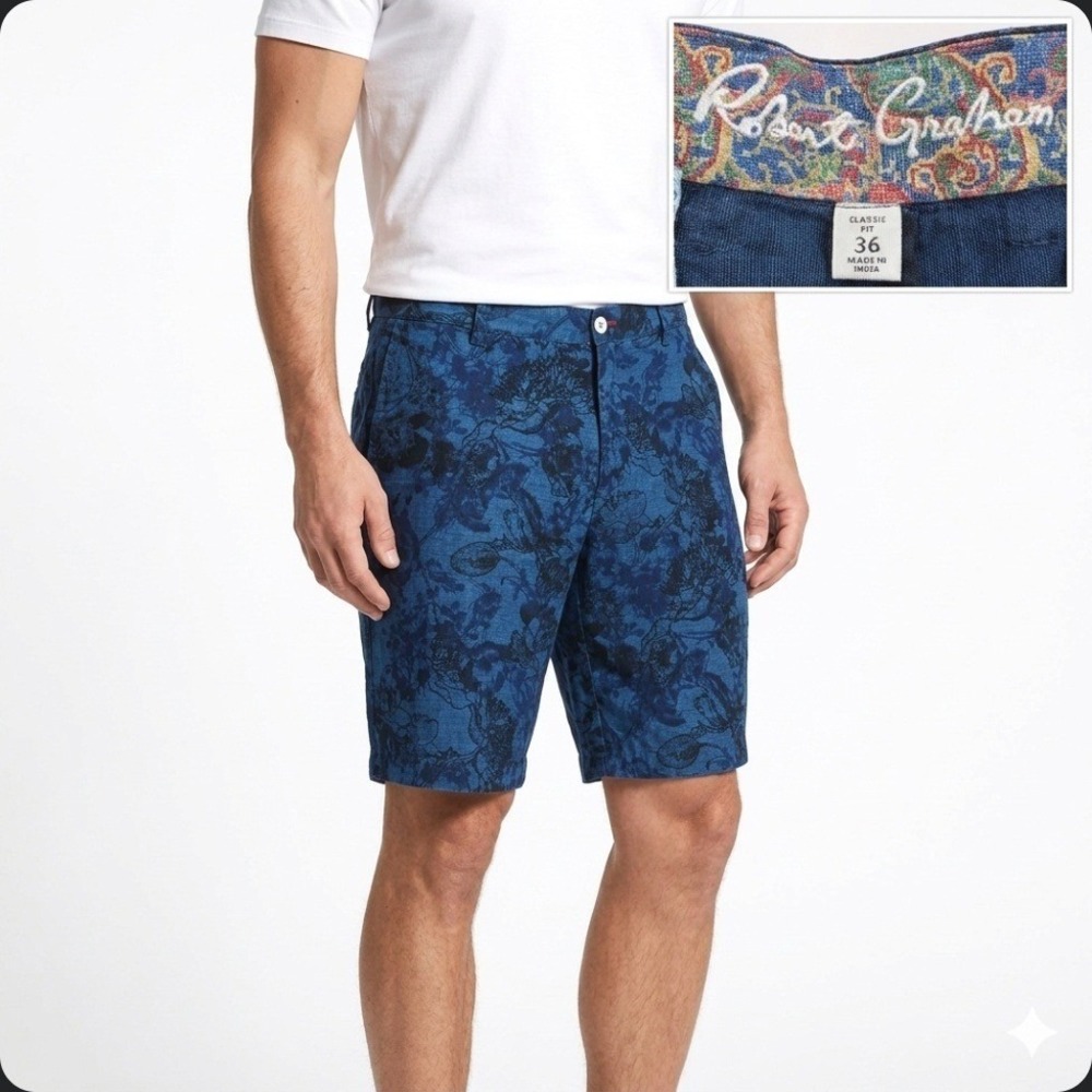 Robert Graham‎ Shorts Mens 36 Blue Floral Chino 100% Cotton Classic Fit Summer